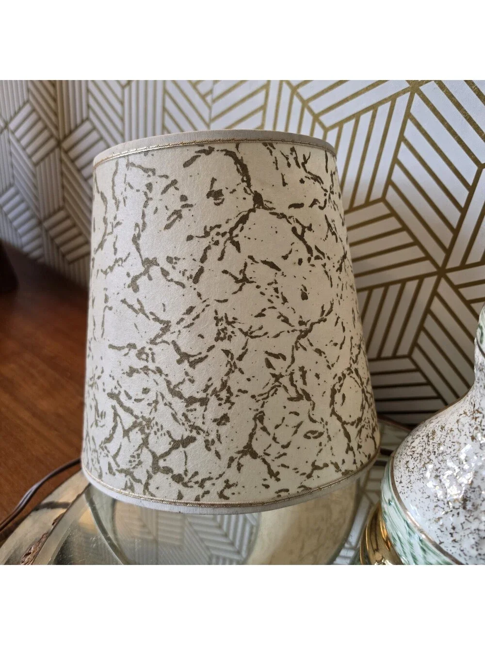 Vintage Midcentury White Green Gold Ceramic Accent Lamp Atomic Fiberglass Shade